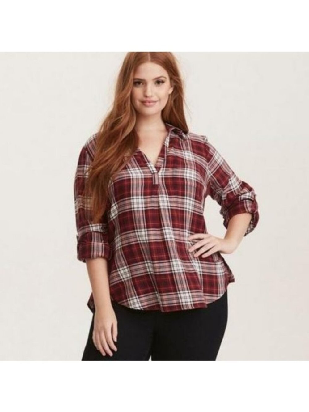 Torrid Red Plaid Twill Pullover Convertible Tunic Blouse Top Women's Size